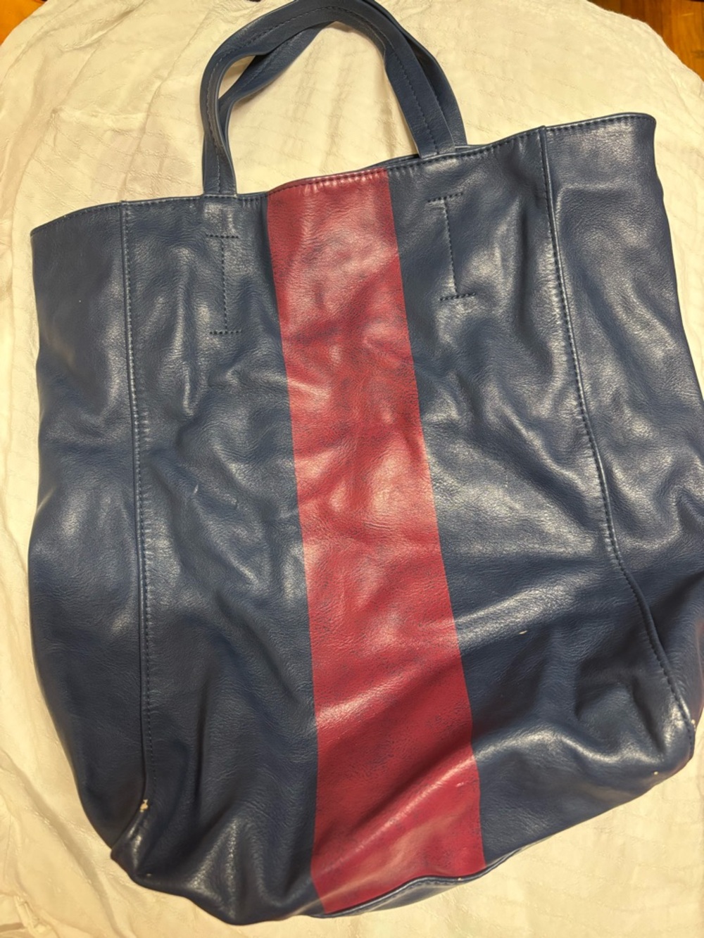 Leather Tote Bag with Red Center Stripe - Navy/Red